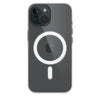 iPhone 15 with clear MagSafe case, showing edge protection.