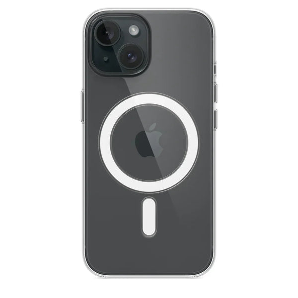 iPhone 15 with clear MagSafe case, showing edge protection.