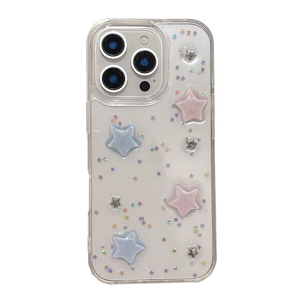 Transparent case with pink and blue star gems.