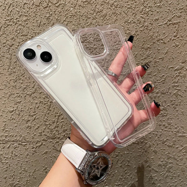 Clear dual-layer shockproof iPhone case close-up of back panel