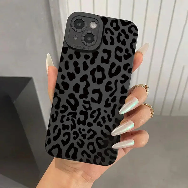 Soft grey leopard print case showing grip and cutouts