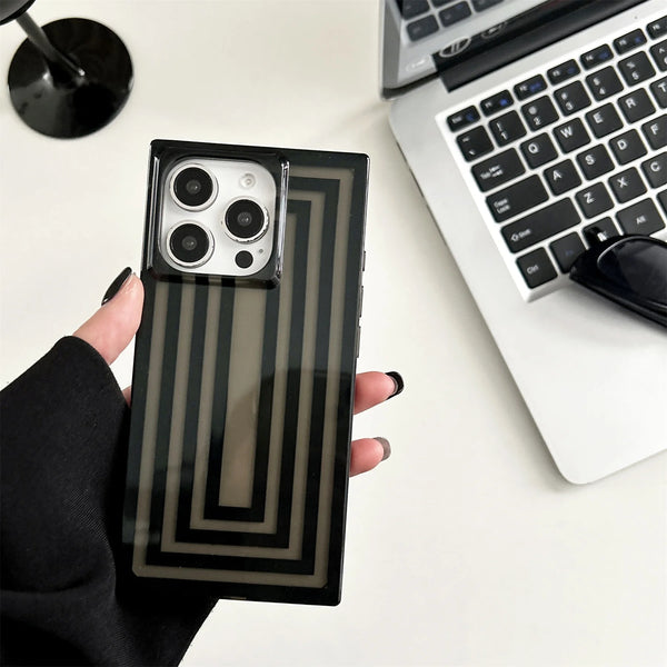 Black striped Minimal Black Frame Case on iPhone 15 Pro Max close-up