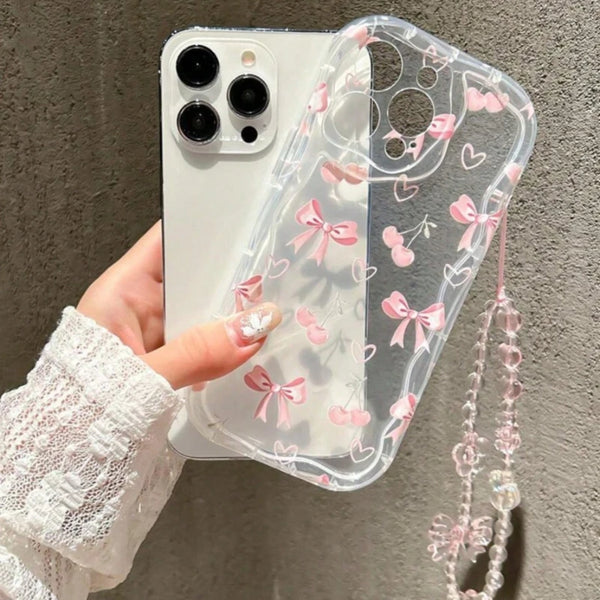 Coque transparente motif cerises et nœud
