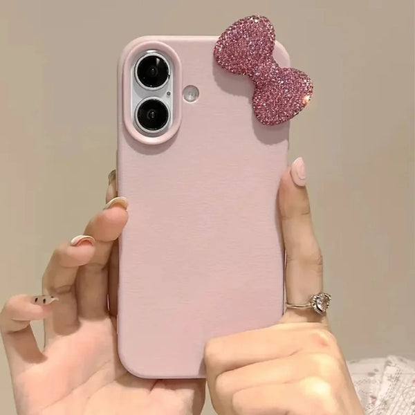 Pink Diamond Bow Case with glitter bow close-up on pink silicone case.