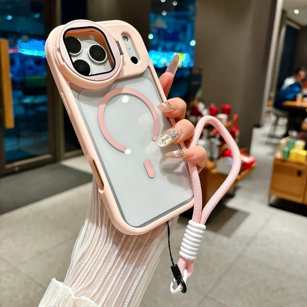 Side view of airy, lightweight case with wristband