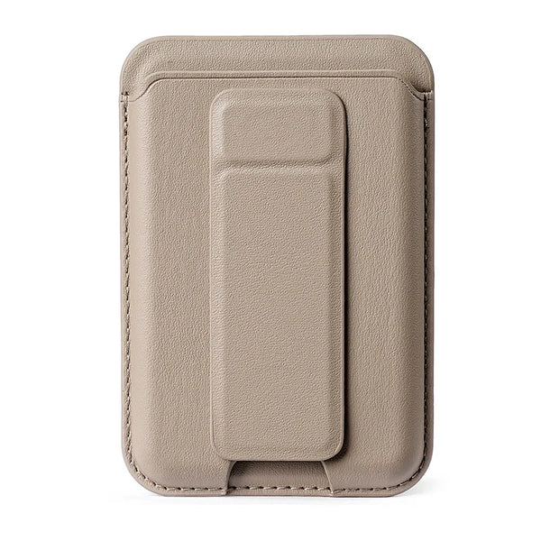 MagSafe Leather Stand Wallet on pink surface showing stand in use