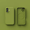 Matte green silicone case on iPhone with MagSafe alignment