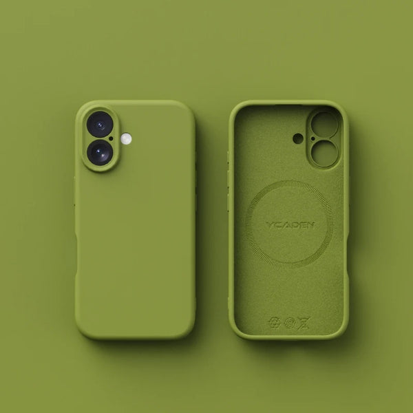 Matte green silicone case on iPhone with MagSafe alignment